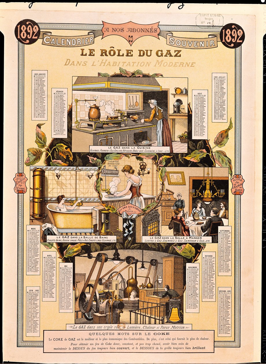 Modern evlerde Gazın Rolü, bir Fransız Gaz Şirketi takviminden, 1892 by French School