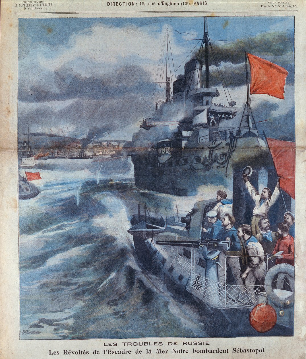 Karadeniz'deki Rus İsyanı ve Sivastopol'un Bombardımanı, Le Petit Parisien'den bir çizim, 1905 by French School