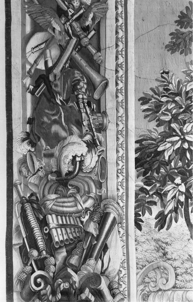 The Seasons goblen, bordür, müzik aletleri, c.1670, Gobelins Fabrikası (detay) by French School