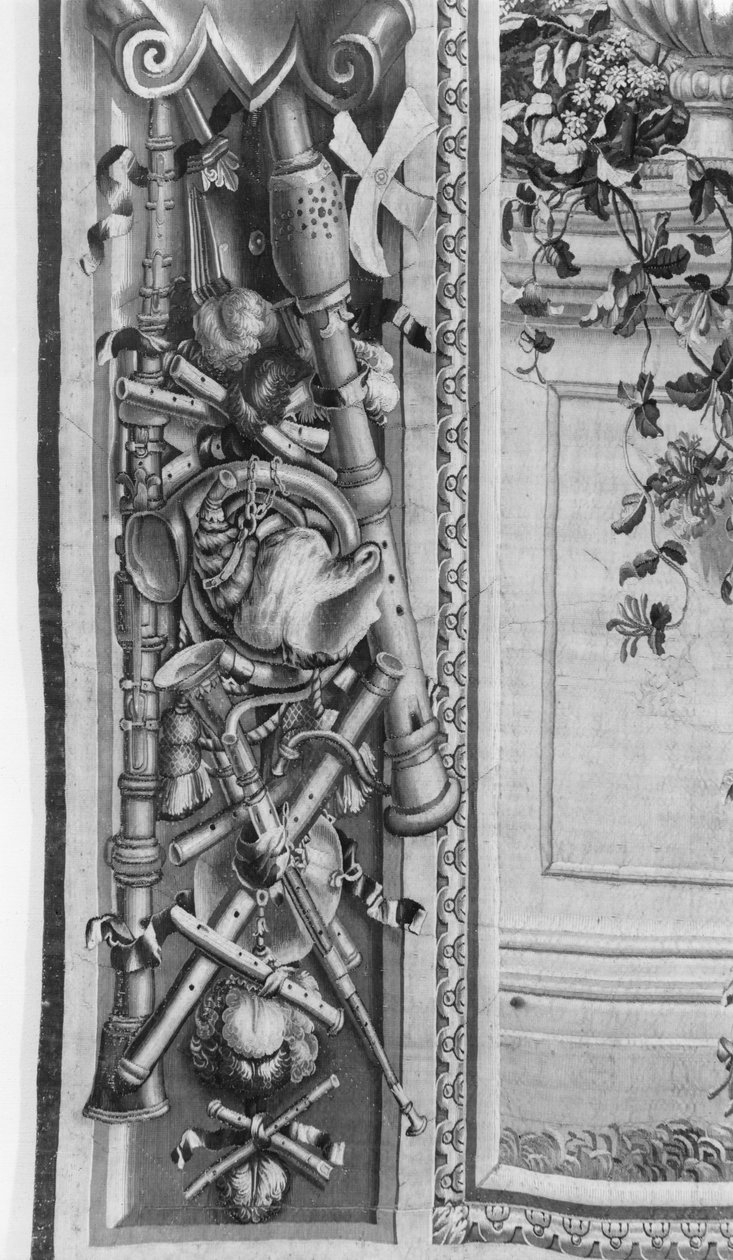 The Seasons goblen, bordür, müzik aletleri, c.1670, Gobelins Fabrikası (detay) by French School
