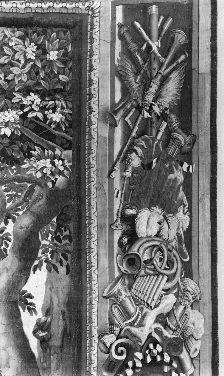 The Seasons goblen, bordür, müzik aletleri, c.1670, Gobelins Fabrikası (detay) by French School
