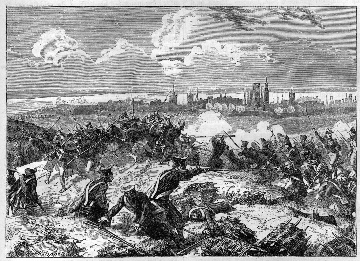 Mareşal Pierre Joseph Lefebvre (1755-1820) komutasındaki Danzig Kuşatması (1807) - “Konsolosluk tarihini izleyen imparatorluk tarihi”nden Adolphe Thiers -1879 - özel koleksiyon by French School