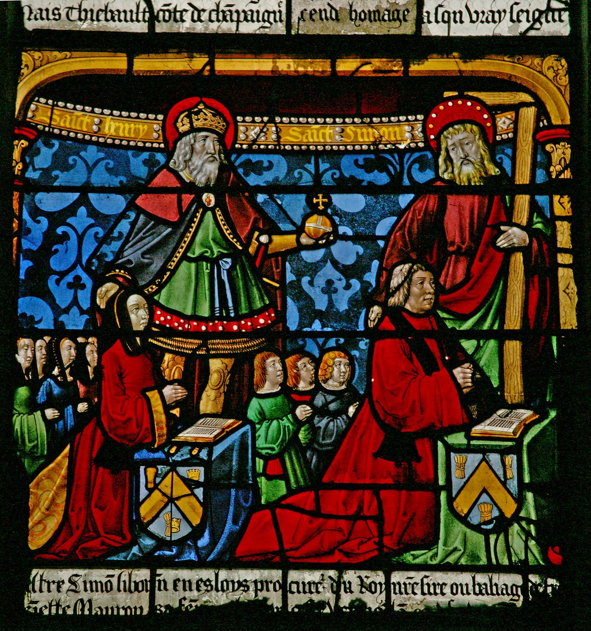 St Louis penceresi: Bağışçılar Henriette de Mauroy ve Simon Liboron, koruyucu azizleri St Henry ve Cyrene