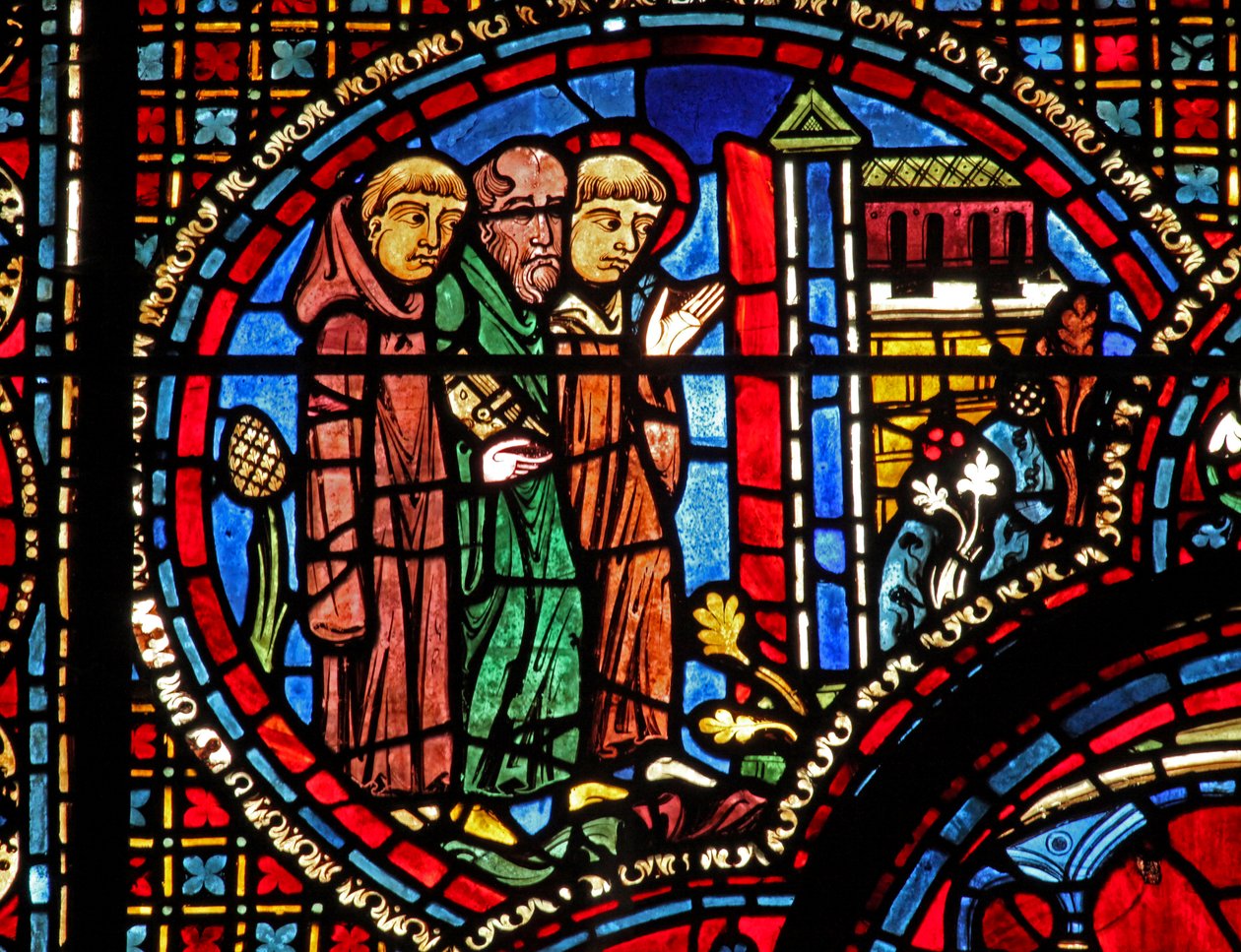 St Lubin penceresi: iki keşişle bir kiliseye varır (w45) by French School