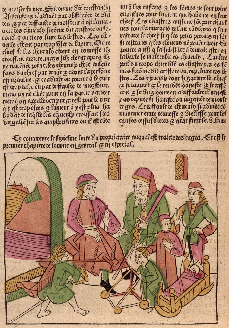 Yaşamın Aşamaları, Le Livre des Proprietes des Choses, Barthelemy l Anglais, 1485 (renkli gravür) by French School
