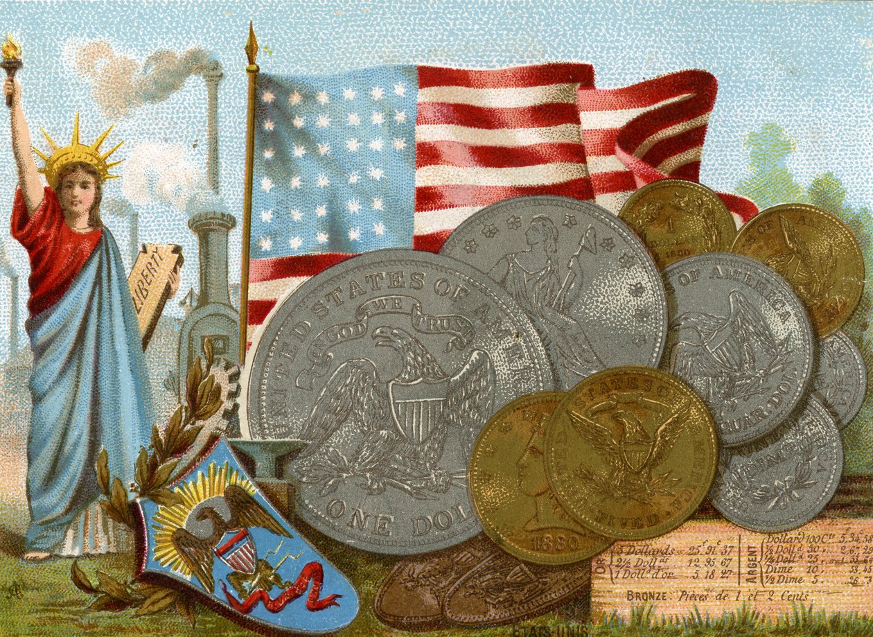 Bir fabrika bacasının yanındaki Özgürlük Heykeli, Amerikan bayrağı ve bir dolar teşhiri, 1890 dolayları by French School