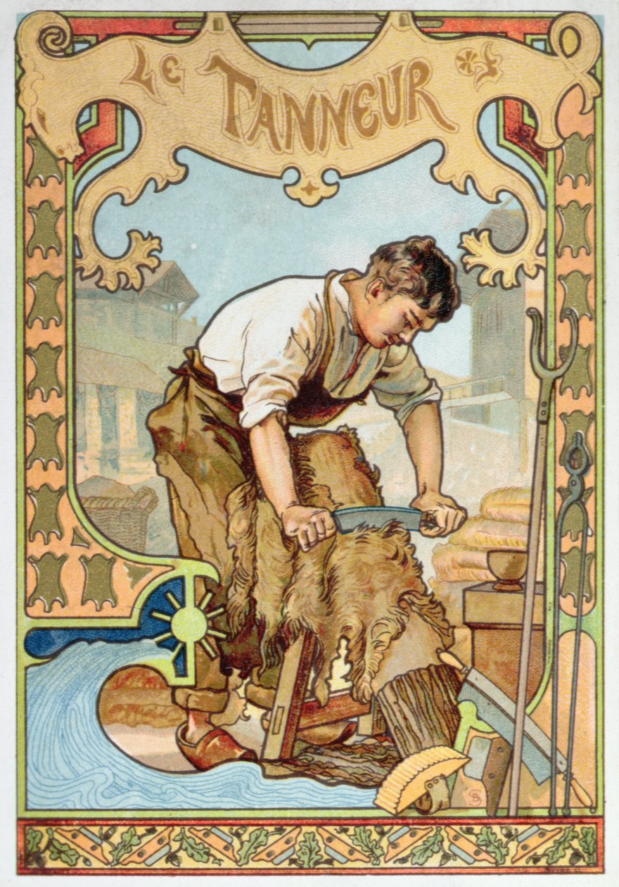 Tanner, el sanatları üzerine bir kitaptan örnek, c.1899 (renkli taş) by French School