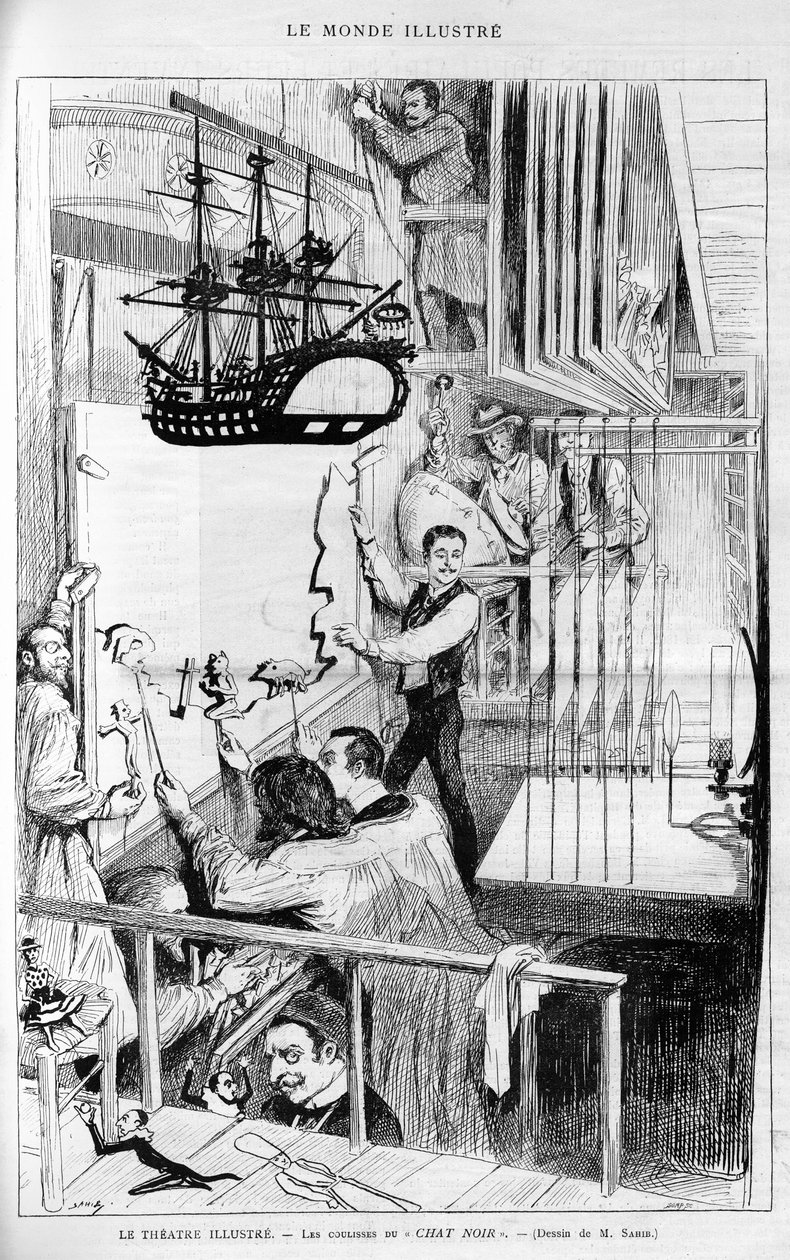 Tiyatro şunu gösteriyor: “Chat noir”in perde arkası. Gravür “Le monde şanlı”, “” 1888. by French School
