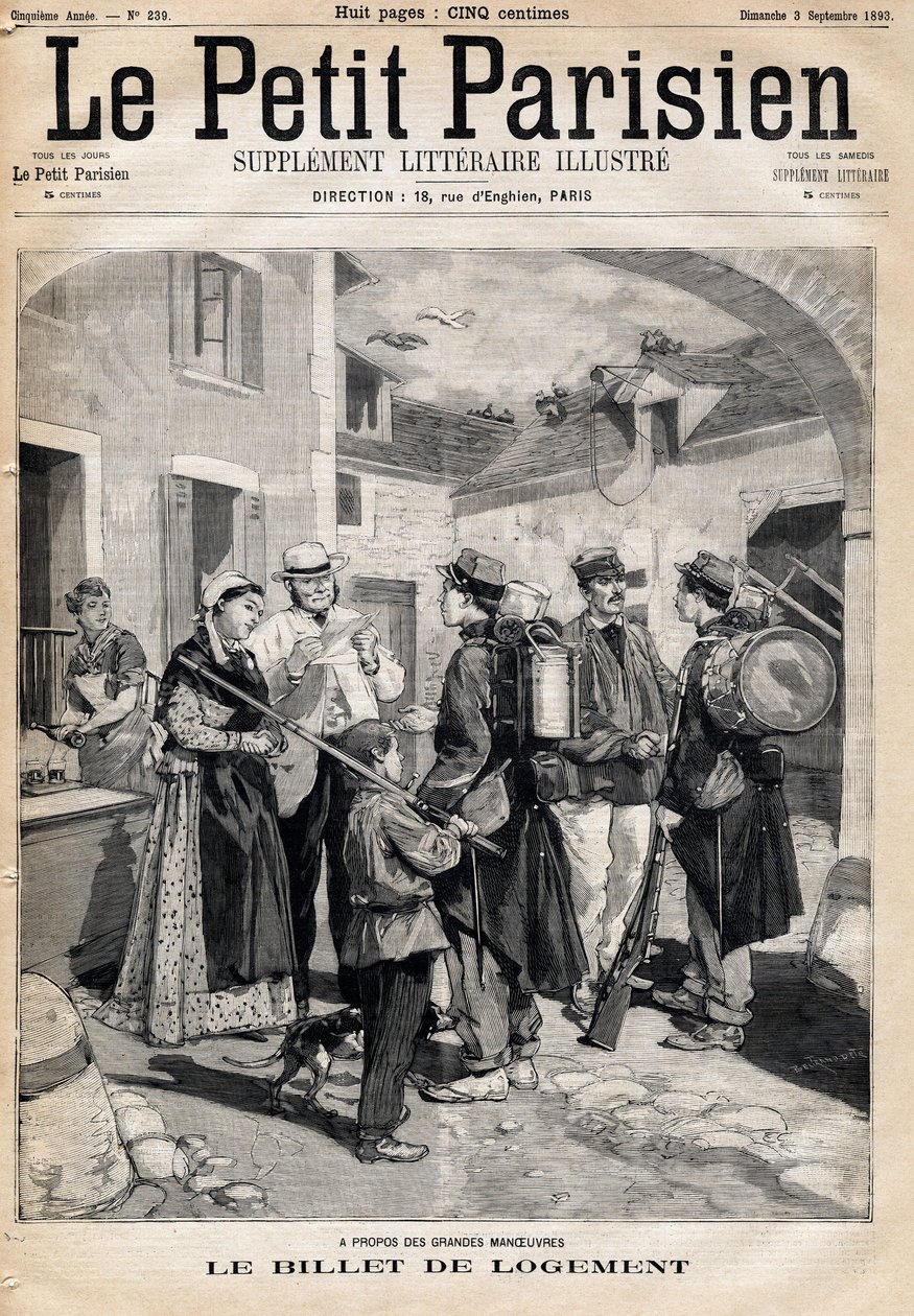 Bir yatak ve bir mum hakkı veren konaklama bileti, tatbikatlar ve büyük manevralar sonrasında askerlere dağıtılır. 3/09/1893 tarihli “Le petit Parisien” gazetelerinden biri (gravür) by French School