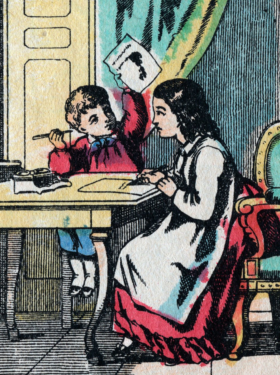 İyi ailelerden gelen kızlar için etkinlikler: küçük bir erkek kardeşe ödevinde yardım etmek - Epinal resim - 19. yüzyıl (gravür) by French School