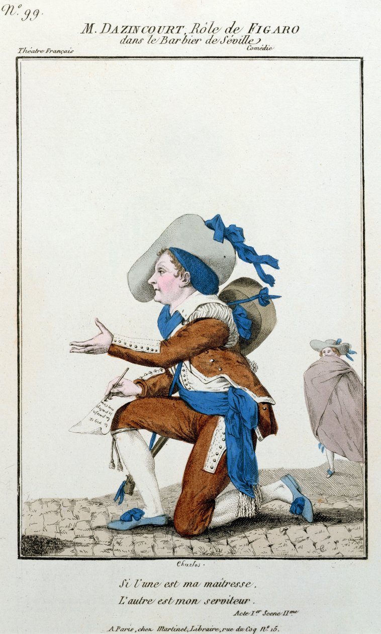 Pierre Augustin Caron de Beaumarchais'in (1732-1799) Sevilla Berberi'nde Figaro rolündeki Theatre Francais'deki aktör Dazincourt by French School
