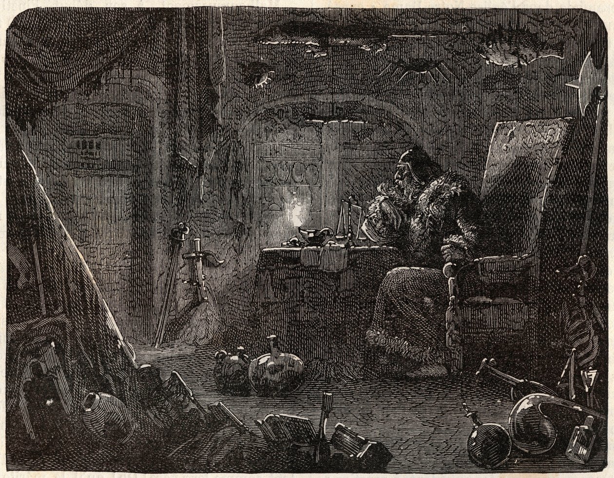 Altın yapmaya söz veren simyacı laboratuvarında çalışır: 17. yüzyılda Simyacı - Nicolas Jules Henri Gourdon de Kennouillac (1826-1898) tarafından “Paris a travers les cules” de by French School