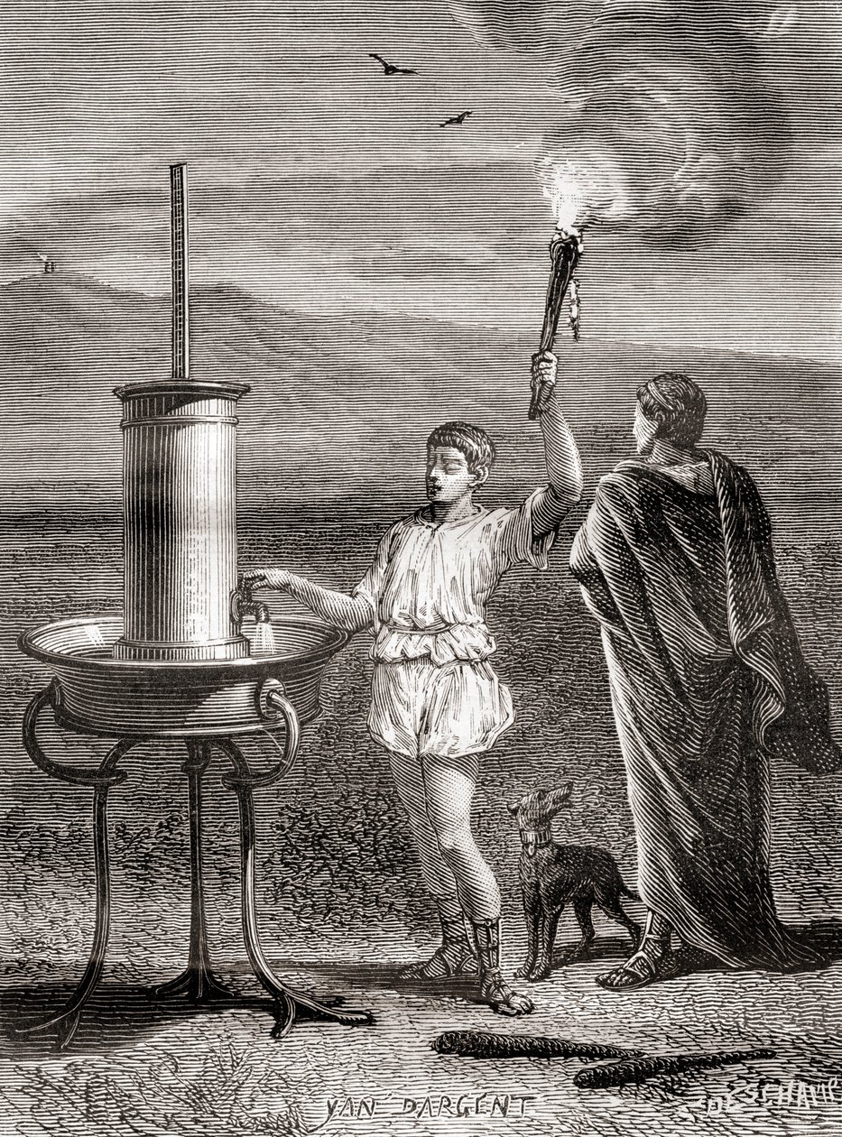 Aeneas tarafından bir mesaj göndermek için kullanılan antik Yunan hidrolik semafor sistemi, MÖ 4. yüzyıl, Les Merveilles de la Science