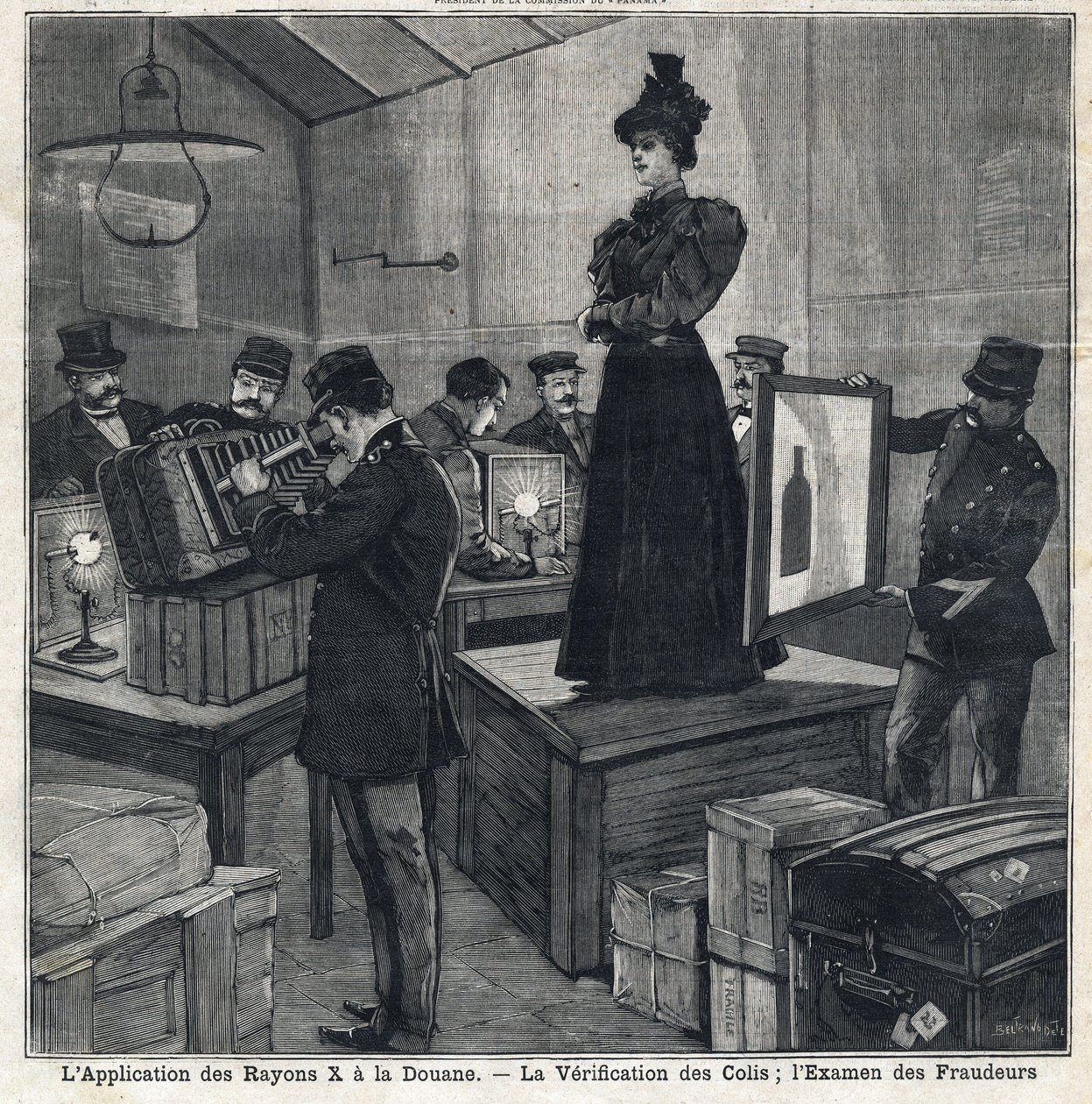 X-ışınlarının (X-ışınları) uygulamasının gelenekleri vardır: paketlerin doğrulanması ve dolandırıcıların incelenmesi. 11/07/1897 tarihinde “” Le Peute Parisien”de. Özel koleksiyon by French School