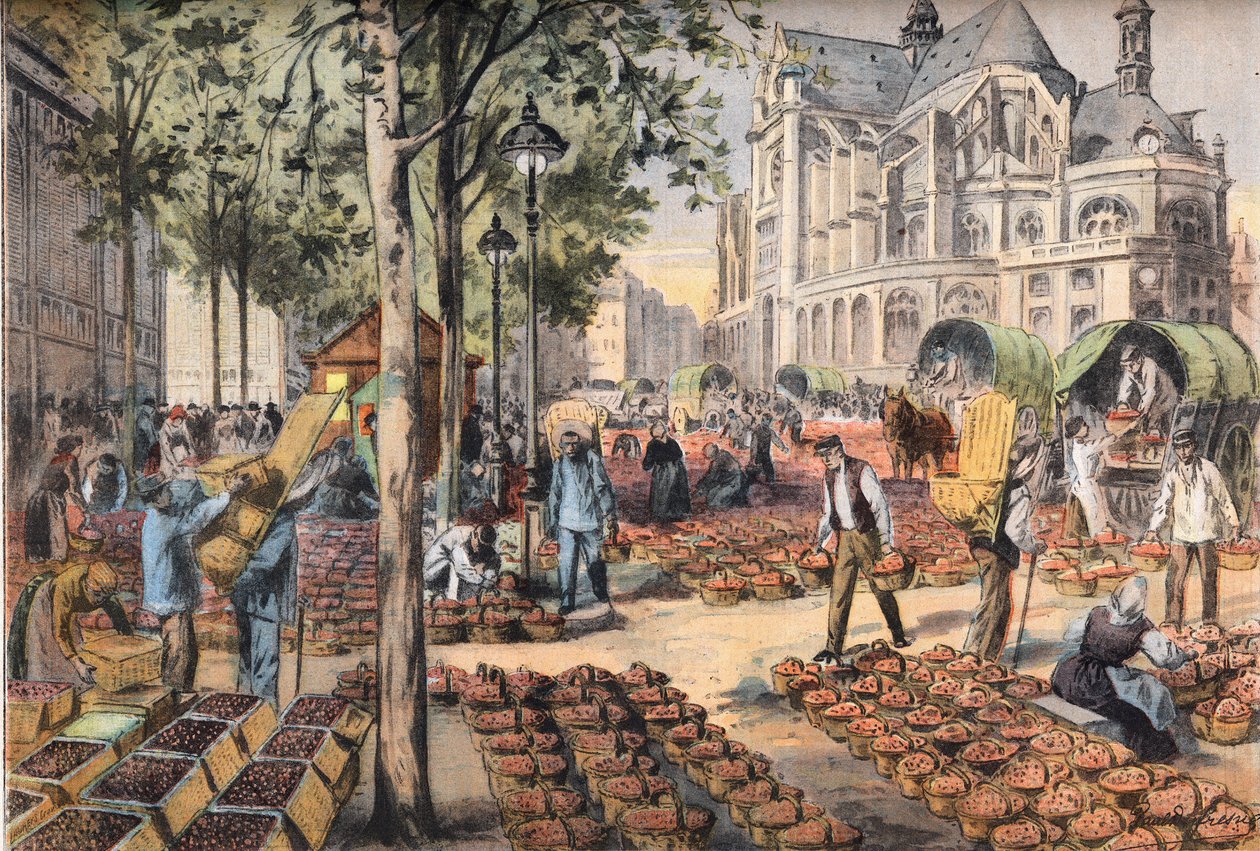 “Le Petit Parisien” gazetesinden, Saint Eustache kilisesinin arkasındaki salonların karolarına çileklerin gelişi” by French School