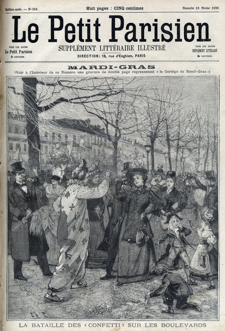 Mardi Gras (Mardi Gras) sırasında Paris bulvarında konfeti savaşı. "Küçük Parisli" gravürü” by French School