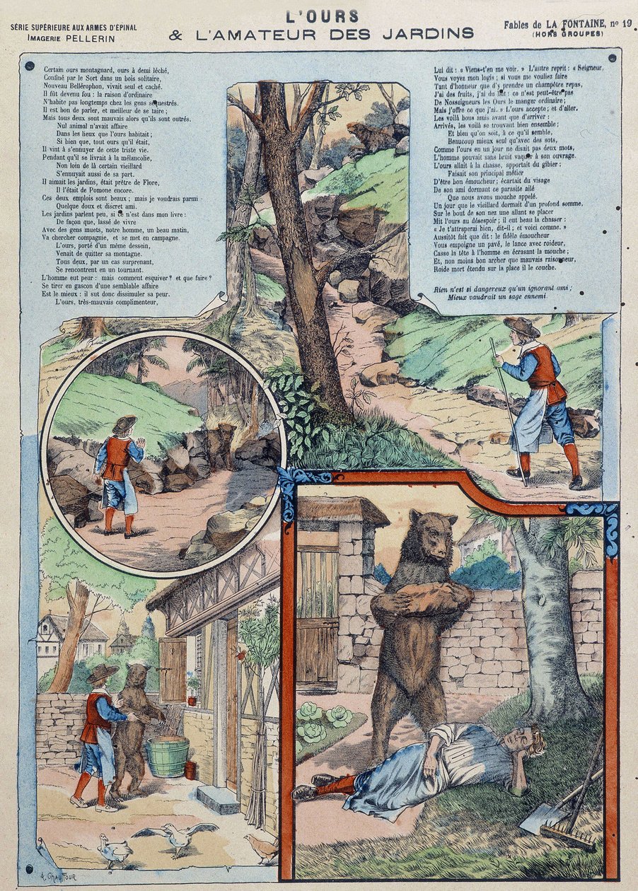 Ayı ve bahçe aşığı - Epinal görüntülerinde Fables de La Fontaine by French School