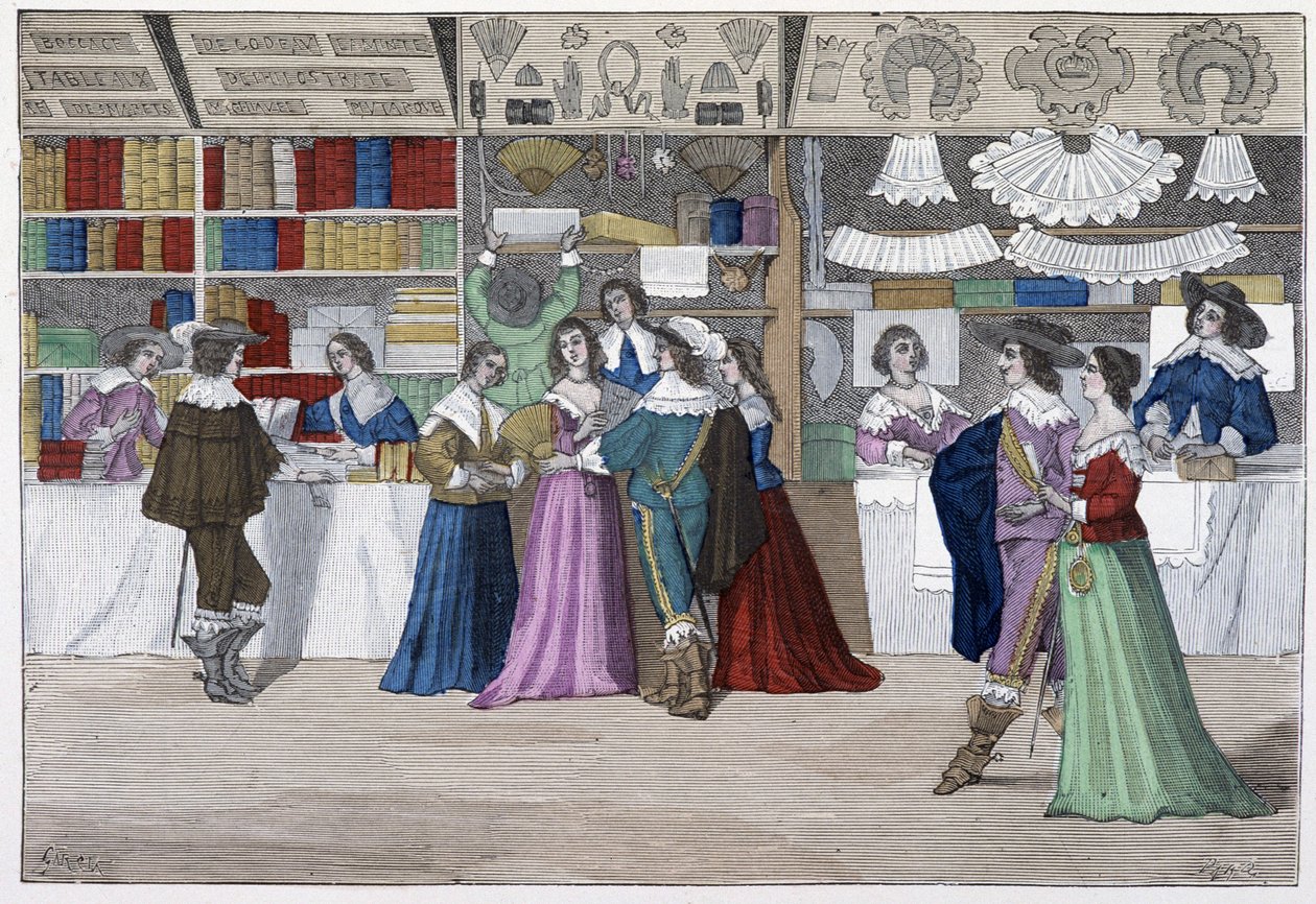 Louis XIII altındaki adliye galerisinin butikleri - “Yüzyıllar boyunca Paris”” by French School