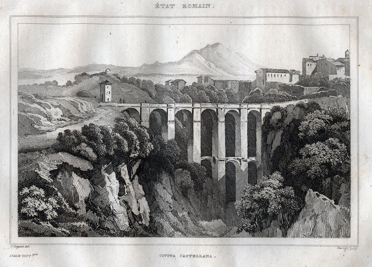 Köprünün çift kemerli kemerleri vardır - CIVITA CASTELLANA - Viterbo Eyaleti - İtalya - M. de Norvins, Ch. Nodier 1834-1836. by French School