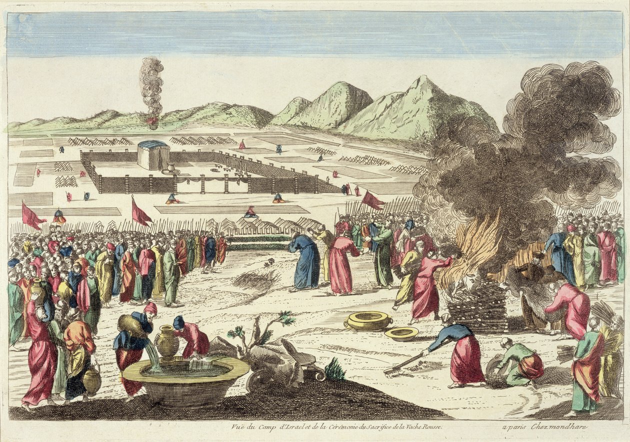 İsrailoğullarının kampı ve kırmızı inek kurbanı (renkli gravür) by French School