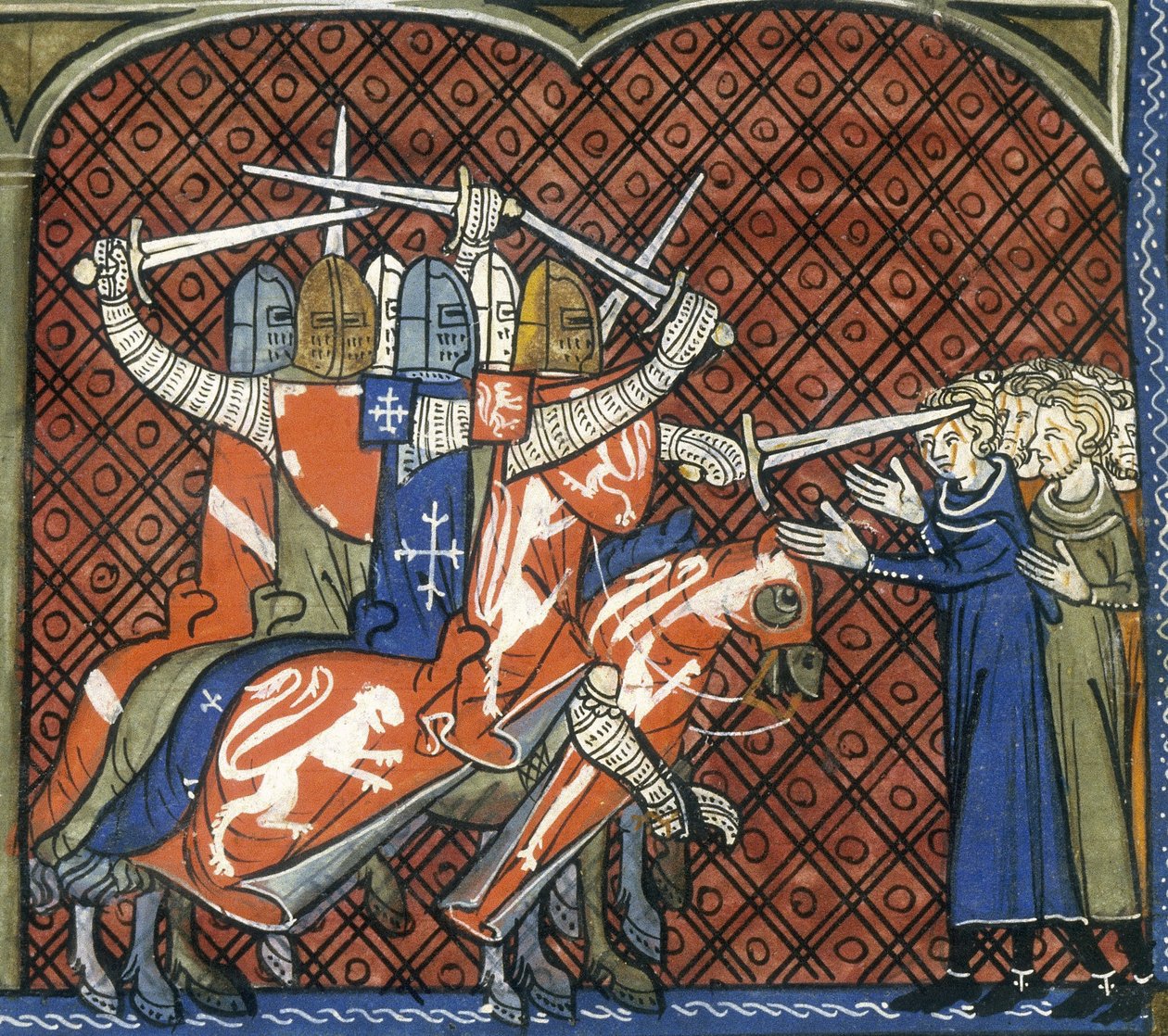 Albigenslere karşı haçlı seferi, c1325-c1350. At sırtında kılıç kullanan askerler bir grup Albigens'e saldırır. Papa Innocent III, inançlarının yayılmasından korktuğu için Albigensian Hıristiyanlara karşı kutsal bir savaş vaaz etti. 1209'da şu emri by French School