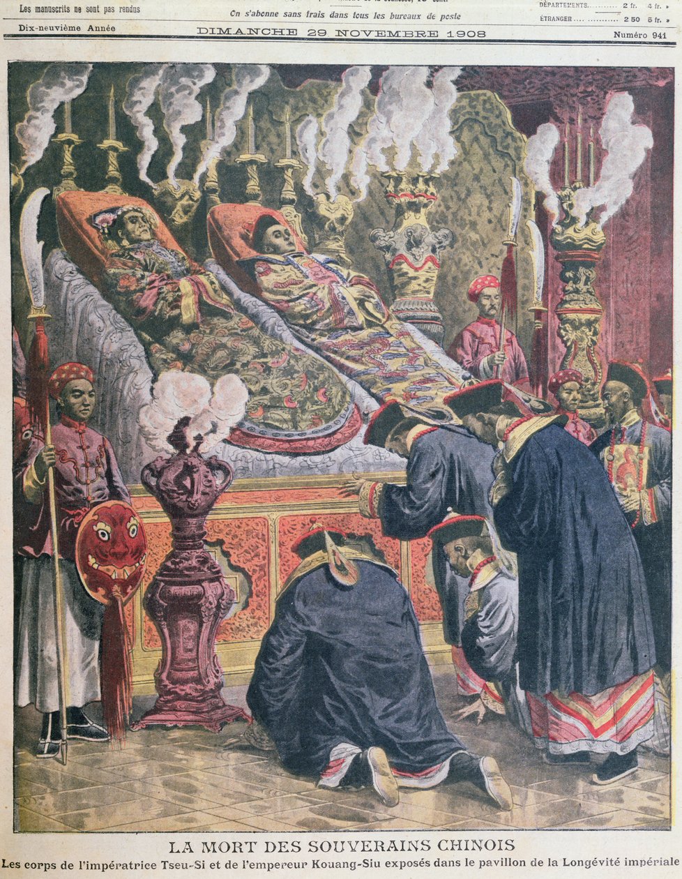 İmparator Kouang-Siu (1872-1908) ve teyzesi İmparatoriçe Tseu-Hi'nin (1835-1908) cesetlerinin imparatorluk uzun ömürlü köşkünde sergilenmesi, Le Petit Journal 1908'den bir çizim (renkli lith by French School