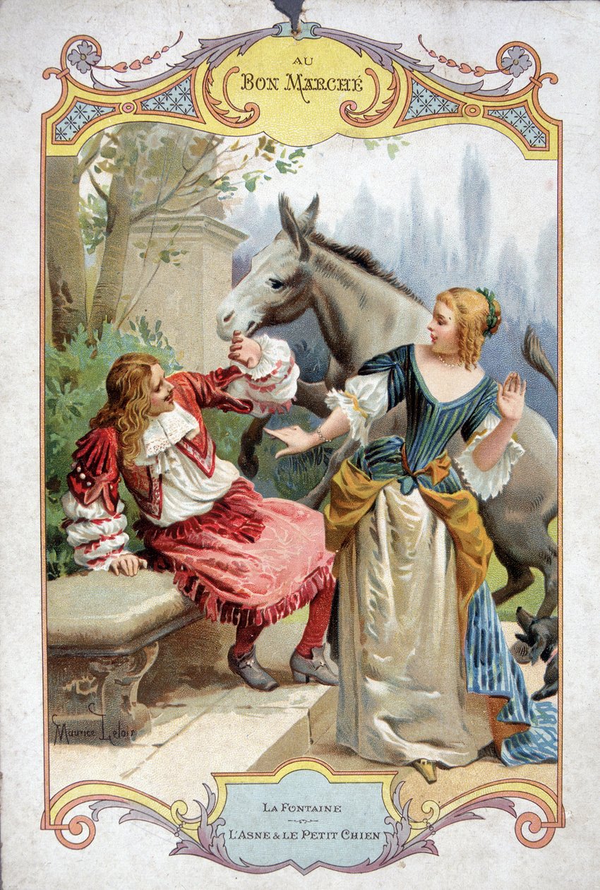 Eşek ve küçük köpek (Fable de La Fontaine) - Bon Marché reklam çıkartması by French School