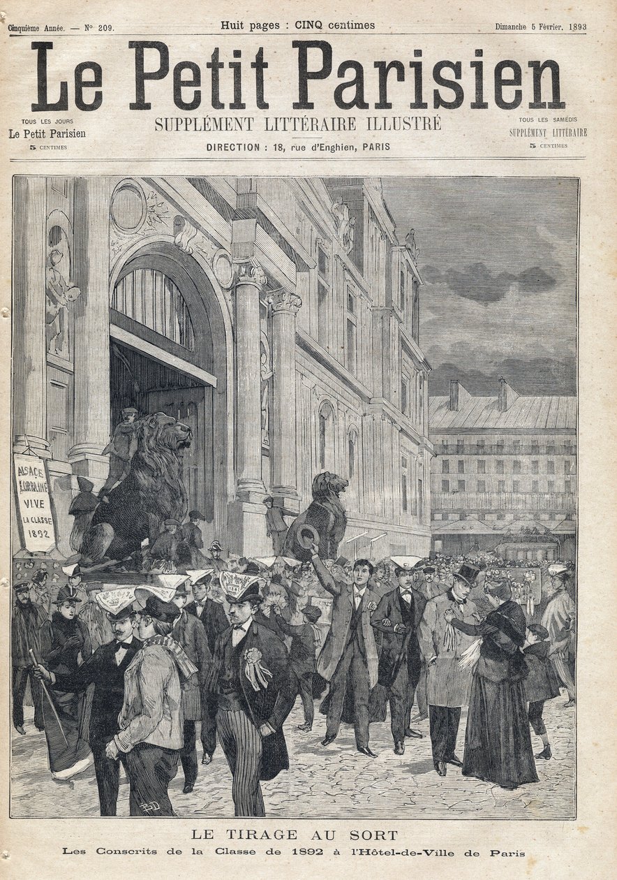 Çekiliş: Paris Belediye Binasında 1892 sınıfının askere alınan askerleri. 5/02/1893 tarihli “Le petit Parisien” gazetelerinden biri (gravür) by French School