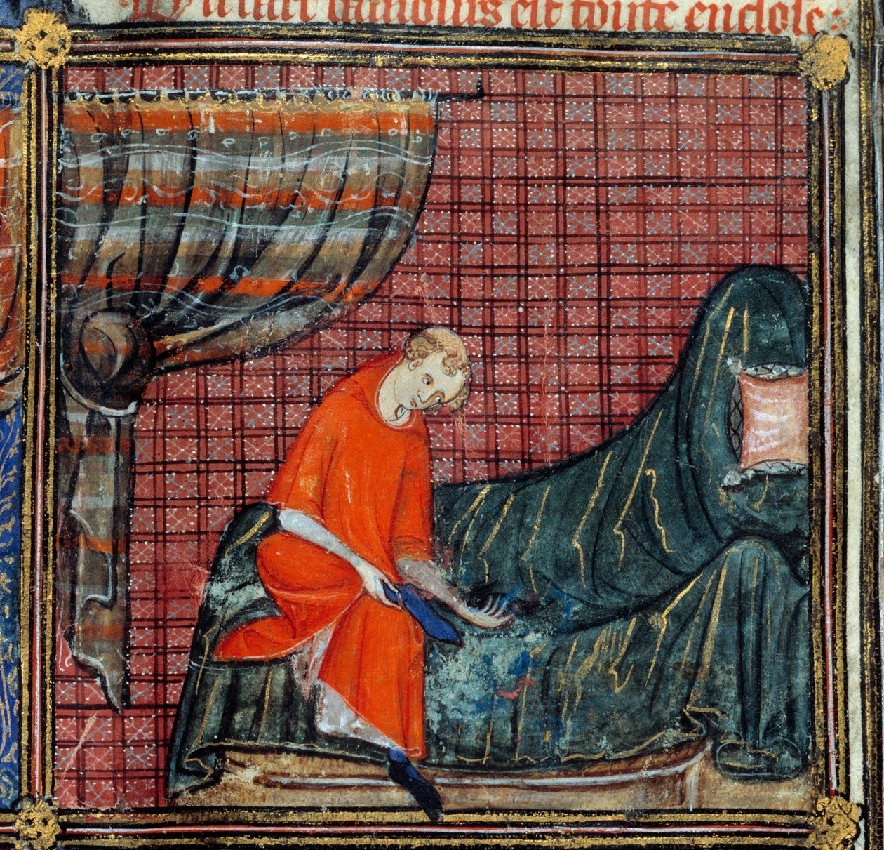 Rüya, detay: The Lover elbiseleri. Jean de Meun, Jean de Meung veya Jean Chopinel, Jean Clopinel (v.1240-1305), yaklaşık 1370. Chantilly, Musee Conde by French School