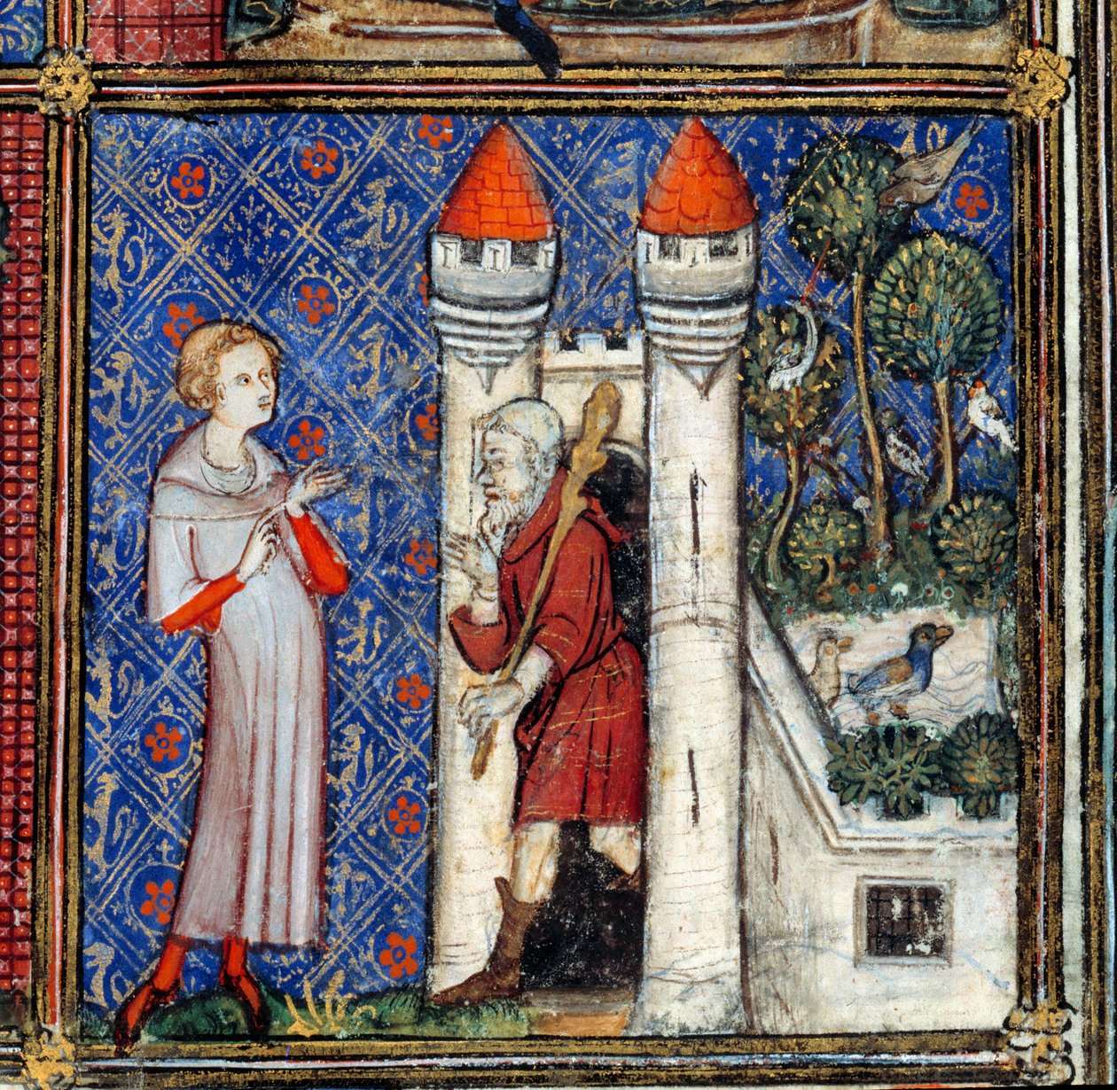 Rüya, detay: Pleasure d'Amour'un evinin önündeki Lover. Jean de Meun, Jean de Meung veya Jean Chopinel, Jean Clopinel (v.1240-1305), yaklaşık 1370. Chantilly, Musee Conde by French School