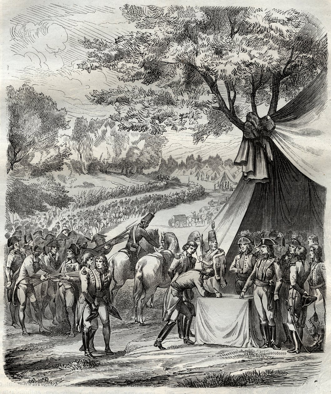 Vendee savaşının sonu - Hoche Bretonlarla bir anlaşma imzaladı - Vendee Devrimi - La pacification de la Vendee - Accords de la Mabilais, 20 Nisan 1795 - General Hoche ve şefler chouans arasında imza - Mabilais Antlaşması