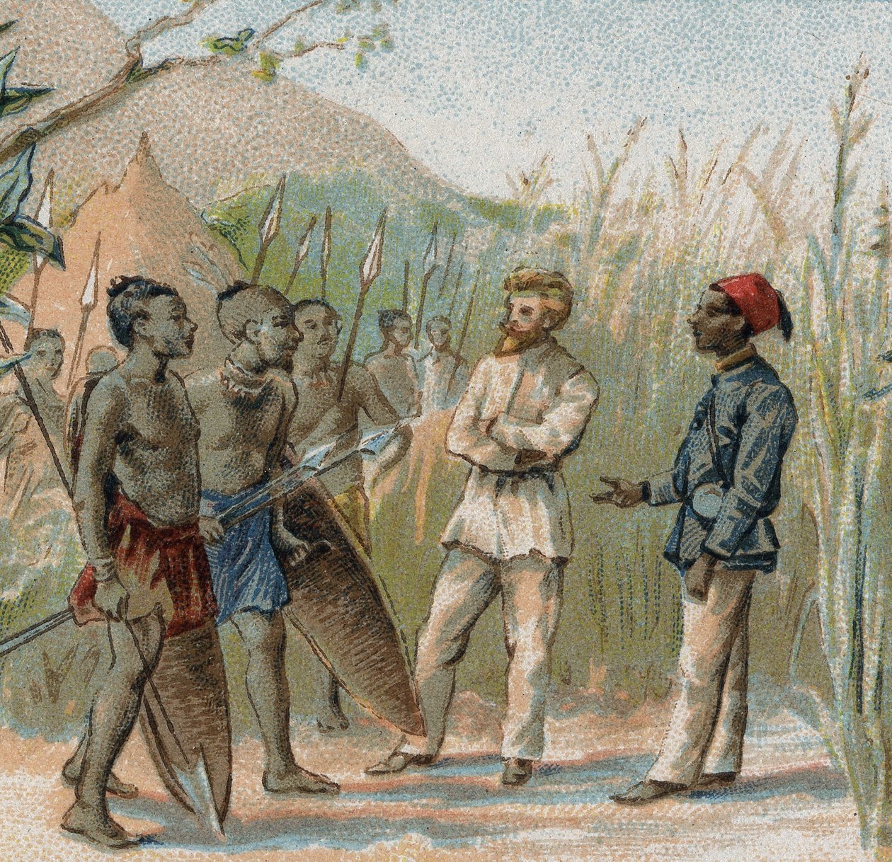 Kaşif Paul Crampel (1864 - 1891) Kongo yerlileriyle parlemento yapıyor. 19. yüzyılın kromolitografisi. by French School