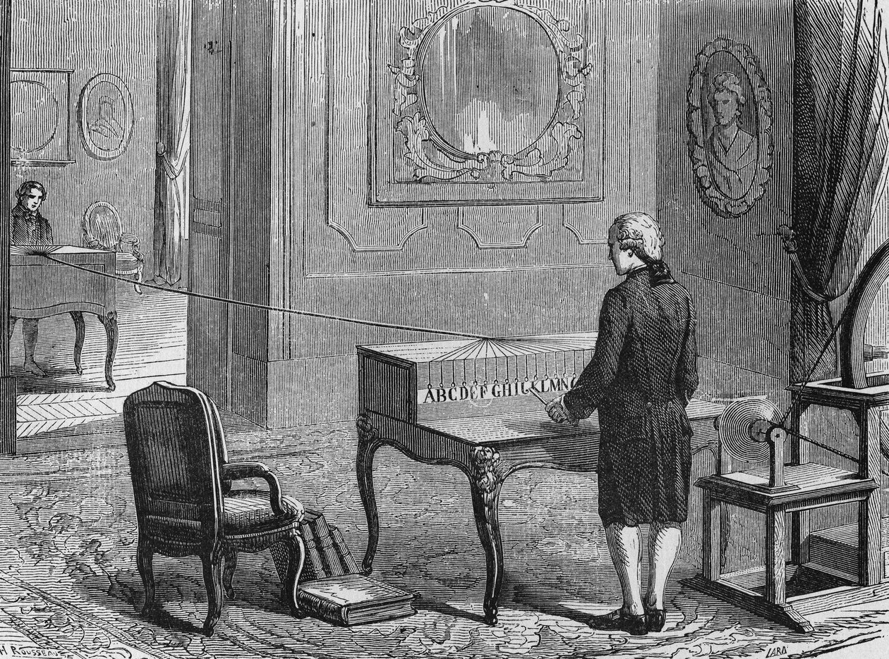 İlk elektrikli telgraf (Georges Lesage'in aygıtı), Cenevre 1760. “Album de la Science”da, Éditions Jouvet by French School