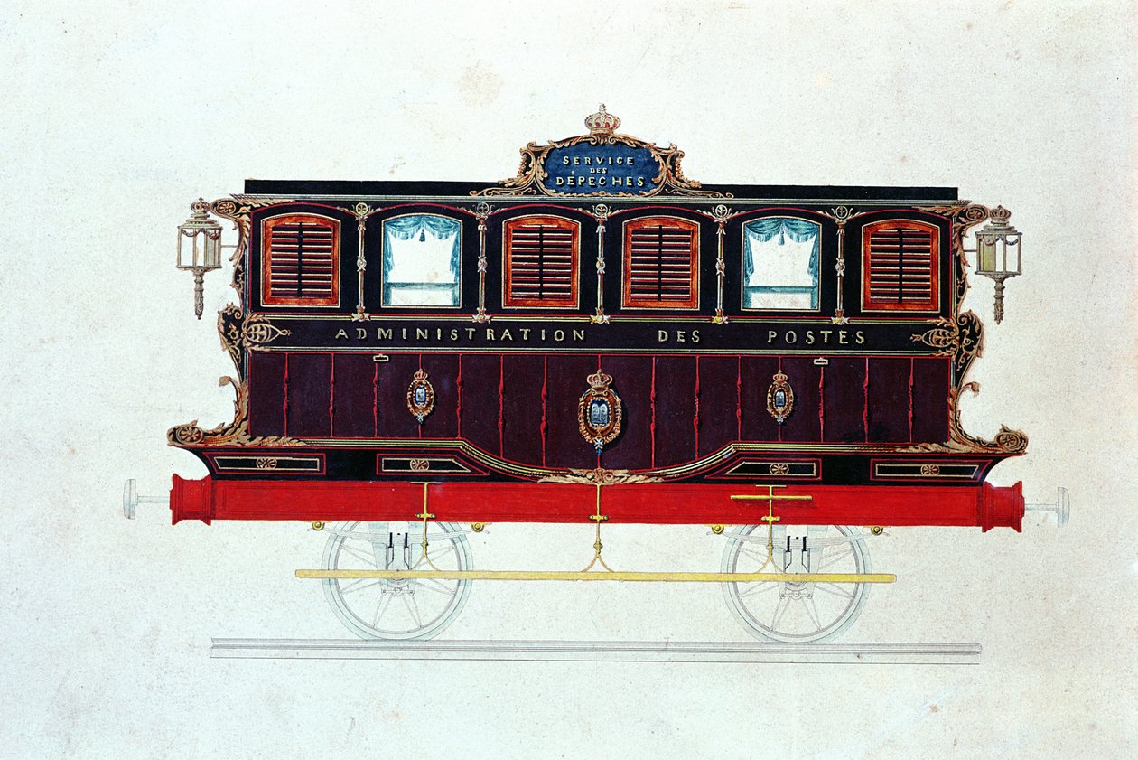 Fransa'daki ilk posta arabası, c.1830-48 (kağıt üzerinde kalem & mürekkep ve wc) by French School