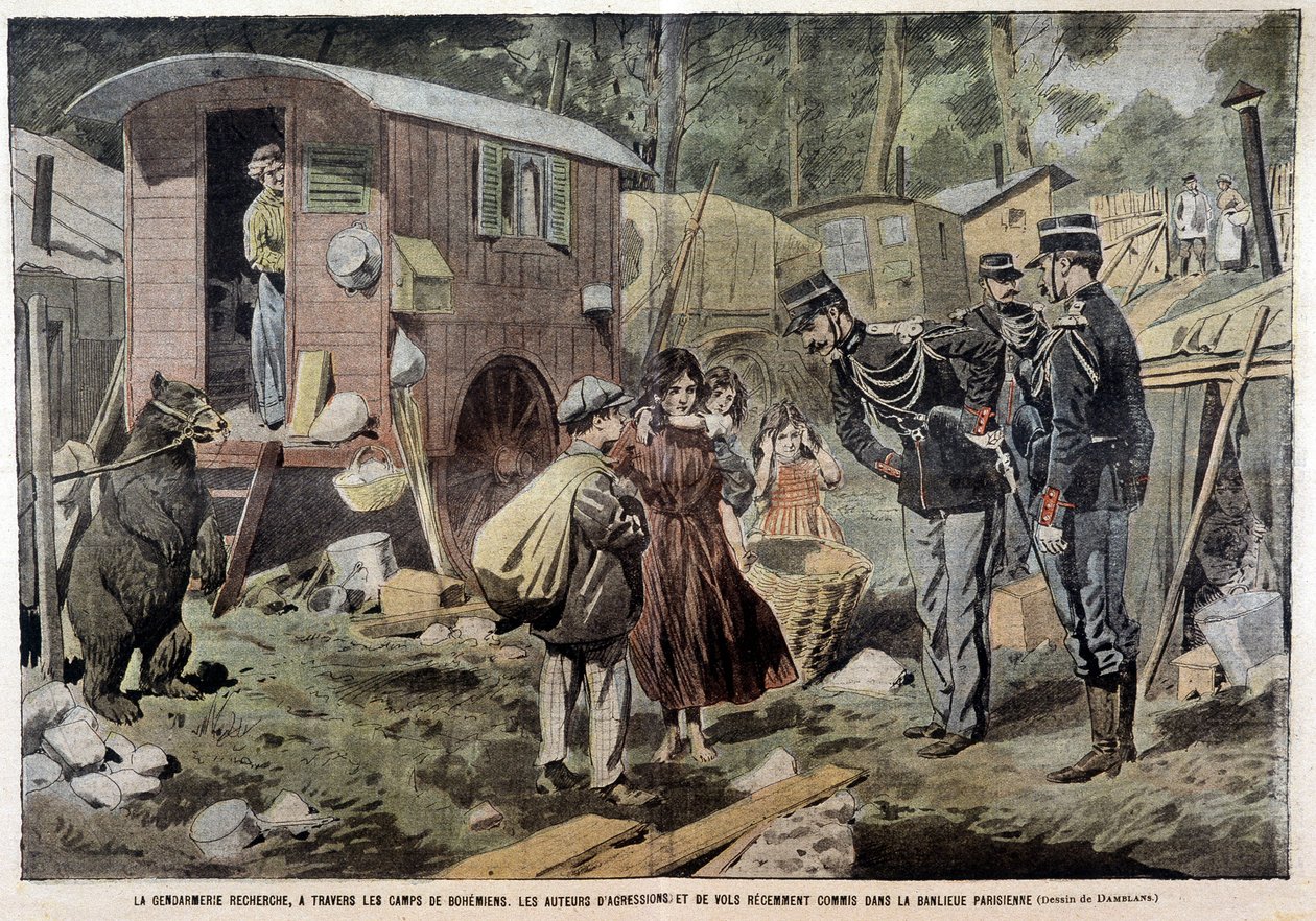 Jandarma, 21/04/1907 tarihli “Pelerin” de Paris banliyösünde son zamanlarda gerçekleştirilen saldırı ve soygunların faillerini çingene kampları aracılığıyla arıyor. by French School
