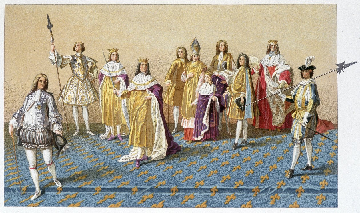 Louis XV'in taç giyme töreninin büyük ileri gelenleri: Marquis de Dreux, Marshal de Villards, Harcourt Dükü, Reims Başpiskoposu, Louis XV, Lorraine Prensi Charles, Villeroy Dükü, Armonville Dükü - kromo. by French School