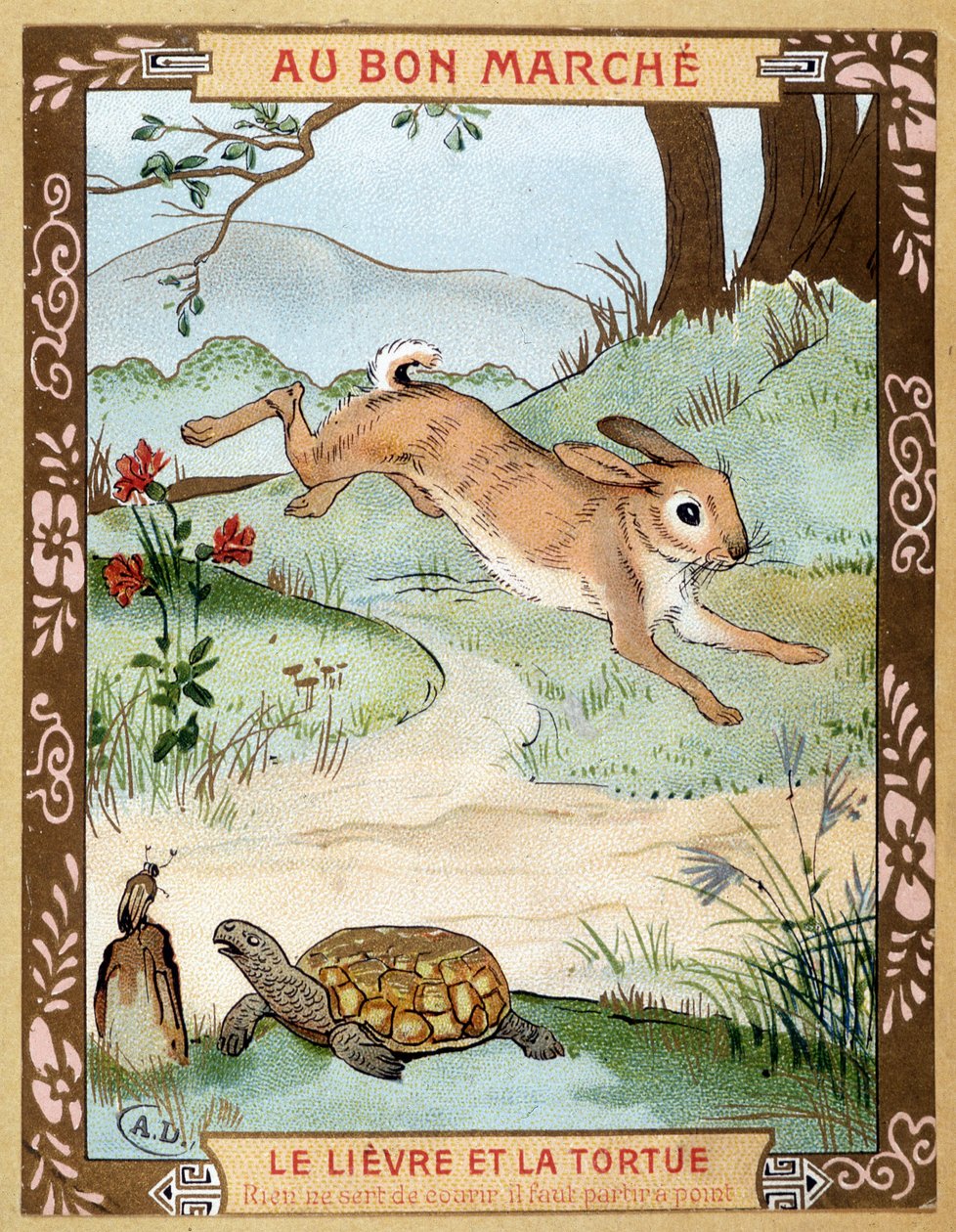 Tavşan ve kaplumbağa (Fable de La Fontaine) - Bon Marché reklam çıkartması, 19. yüzyıl sonu by French School