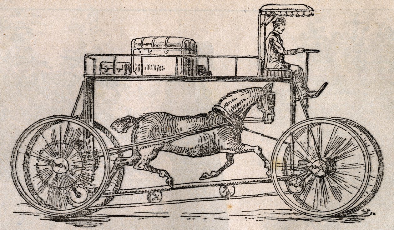Hippocycle: Arabaların ve bisikletlerin gelişinden sonra bir ulaşım aracı olarak “atların korunması” için icat. 9 Ağustos tarihli “Le Pelerin”deki gravür by French School
