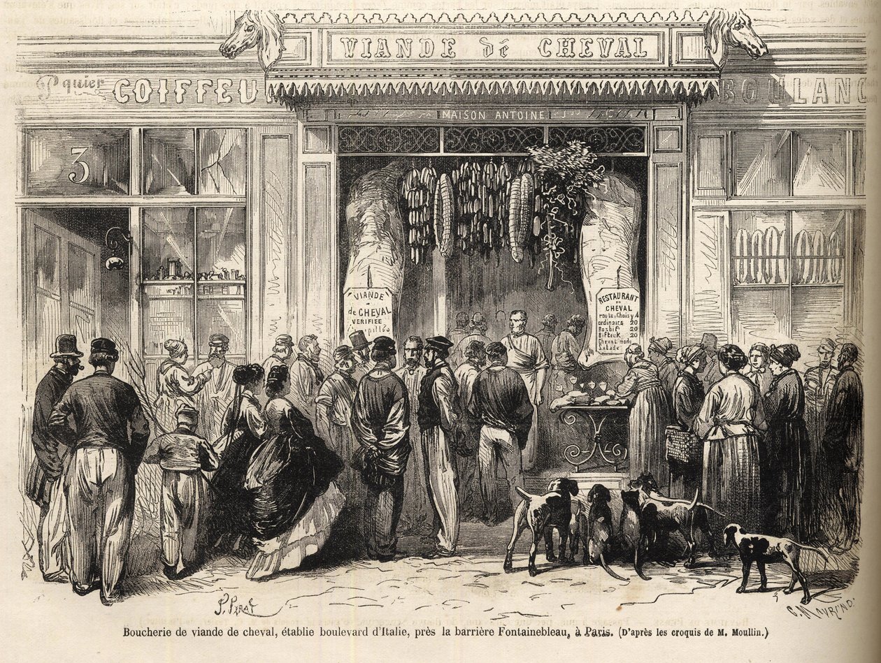 Bariyere de Fontainebleau'daki (Paris) at kasap dükkanı 1866'da açıldı - butcherie chevaline - Boucherie Meat de Cheval Bulvarı İtalya bariyere de Fontainebleau yakınlarında 1866) 1866'da “Le monde şanlı” gravürü by French School