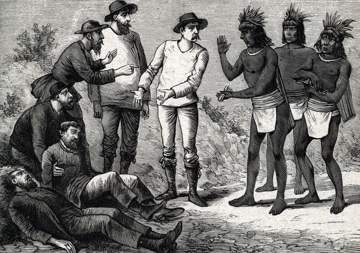 Peru sakinleri, Cinchona (gravür) 1888 ile sıtmadan muzdarip kolonyal Avrupalılara yardım ediyor. by French School