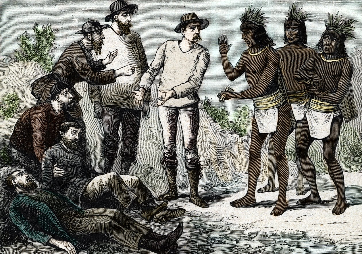 Peru sakinleri, Cinchona ile sıtmaya yakalanan Cizvitlere yardım ediyor. by French School