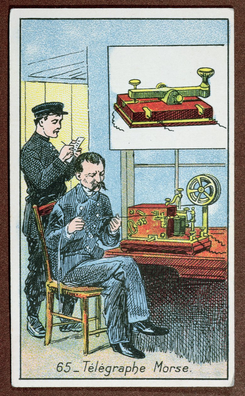 Mors koduyla telgrafın icadı, büyük buluşları tasvir eden bir dizi kartta 65 numara, c.1910 by French School