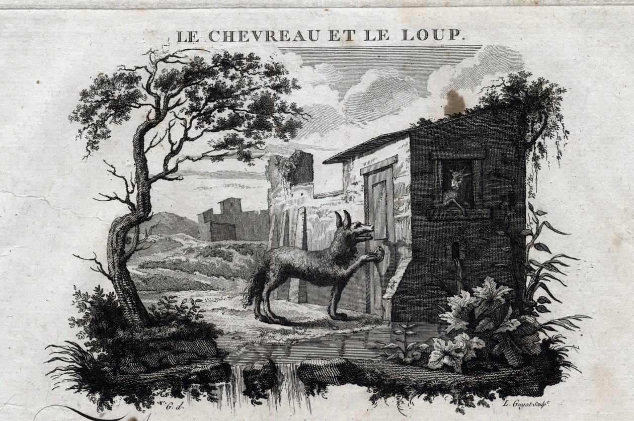 Çocuk ve kurt. Esope Masalı. (Yunan yazar Esopo veya Ecopus, MÖ 6. yy) Guillaume Montfort ve Gravees tarafından 1801