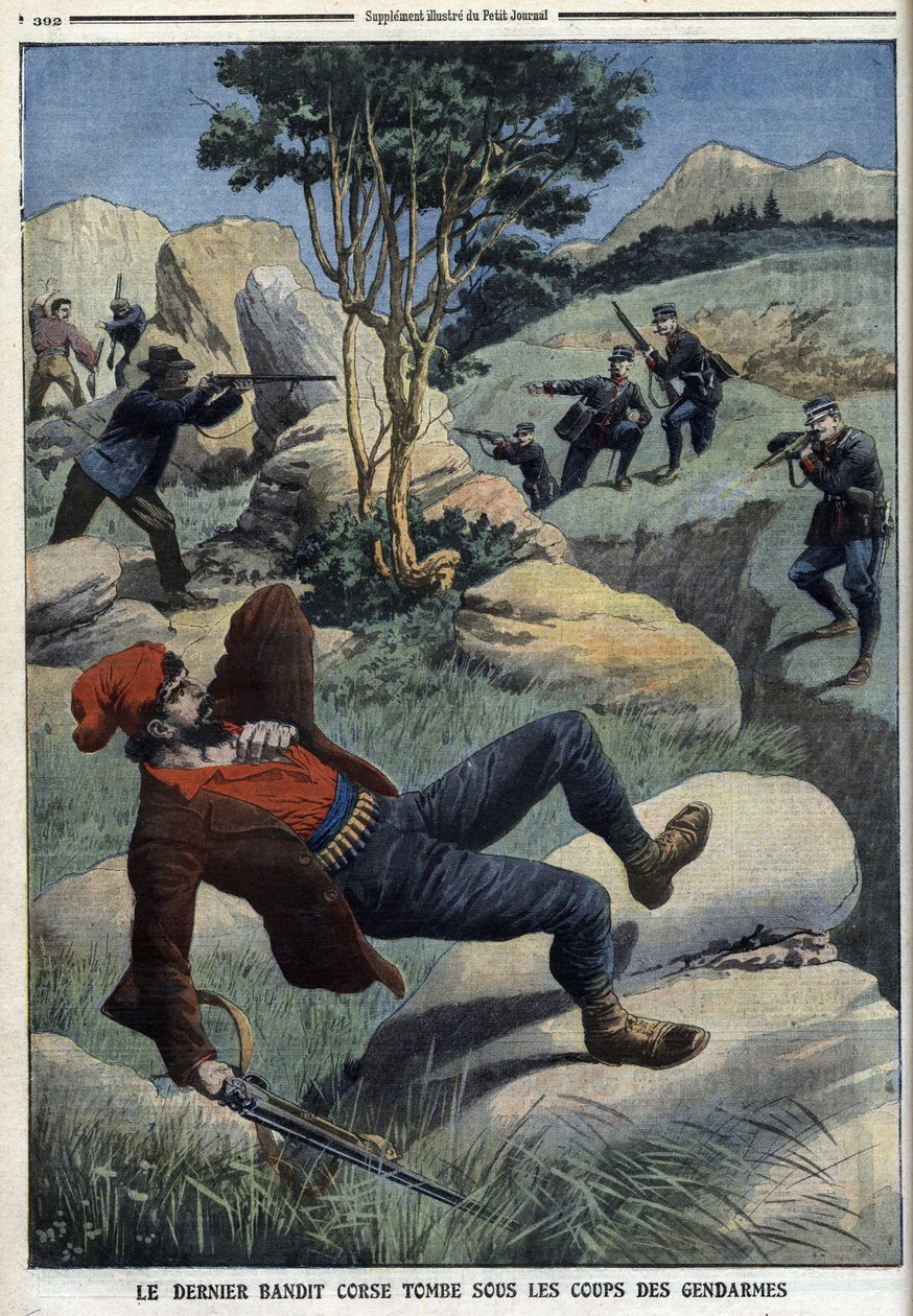 Son Korsikalı eşkıya, jandarmaların darbelerine maruz kalıyor: 5 Aralık 1909 tarihli “Le Petit Journal” (gravür) by French School