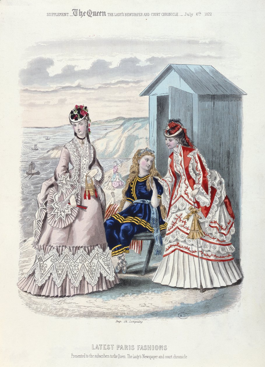 Plaj ve yüzme için en son Paris modası, 1872 (renkli gravür) by French School
