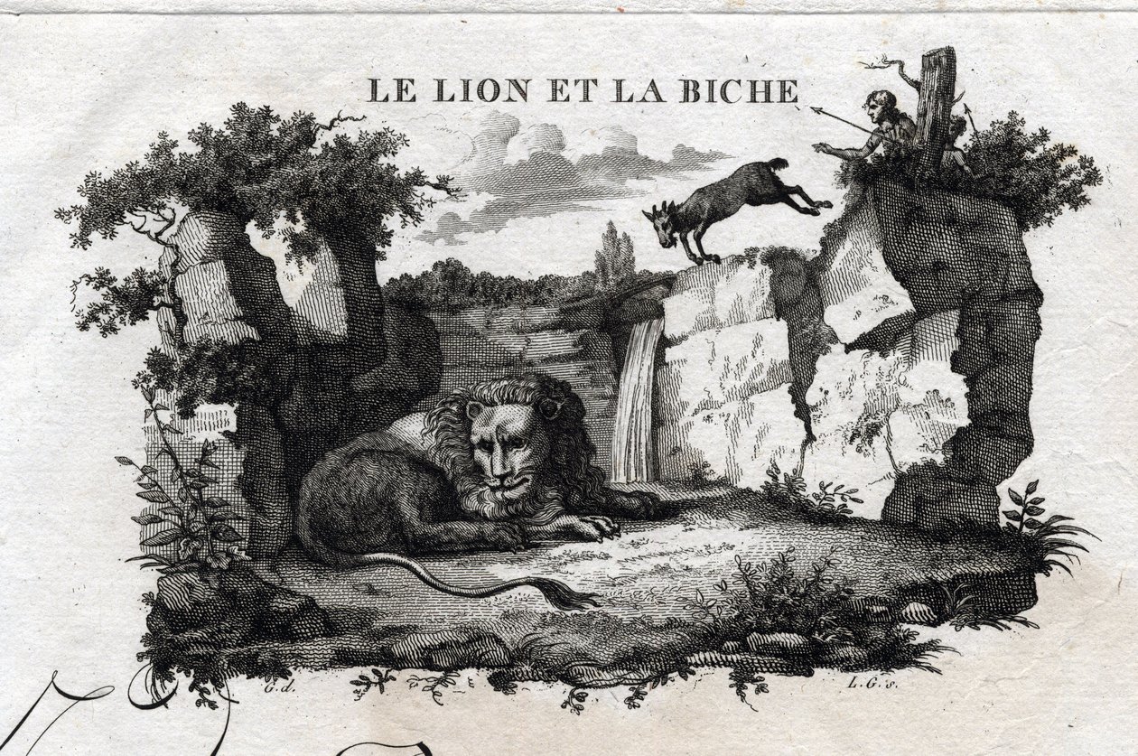Aslan ve geyik. Esope Masalı. (Yunan yazar Esopo veya Ecopus, MÖ 6. yy) Guillaume Montfort ve Gravees tarafından 1801