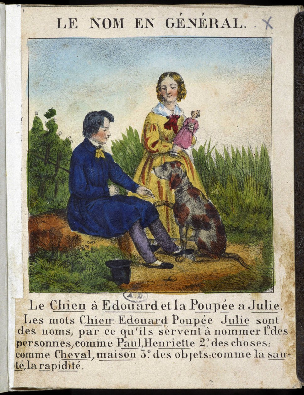 Genel olarak isim (köpekli bir çocuk ve oyuncak bebekli bir kız) - “” La grammaire en resimler”” by French School