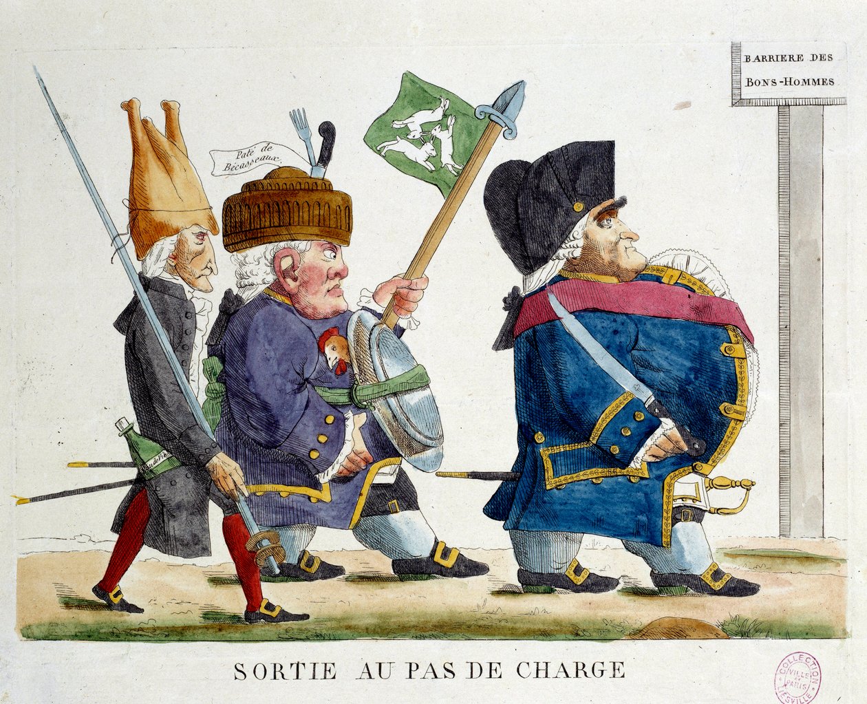 Şarj adımındaki çıktı. Restorasyon (1823) döneminde iyi adamlar bariyerini geçen adamları gösteren karikatür. 1823