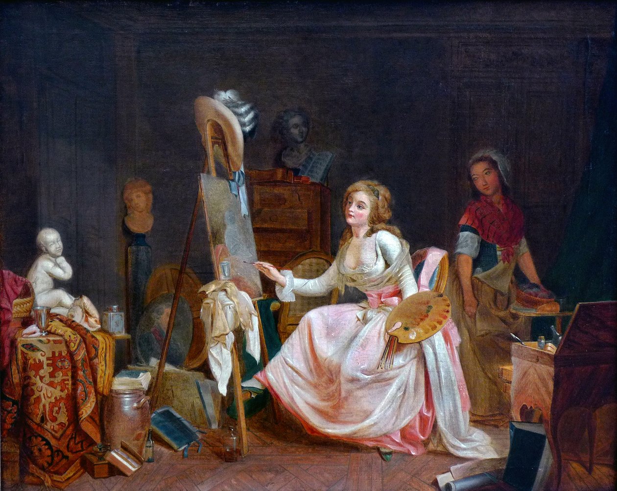 Ressamın stüdyosu. Genç kadın bir resim çiziyor by French School