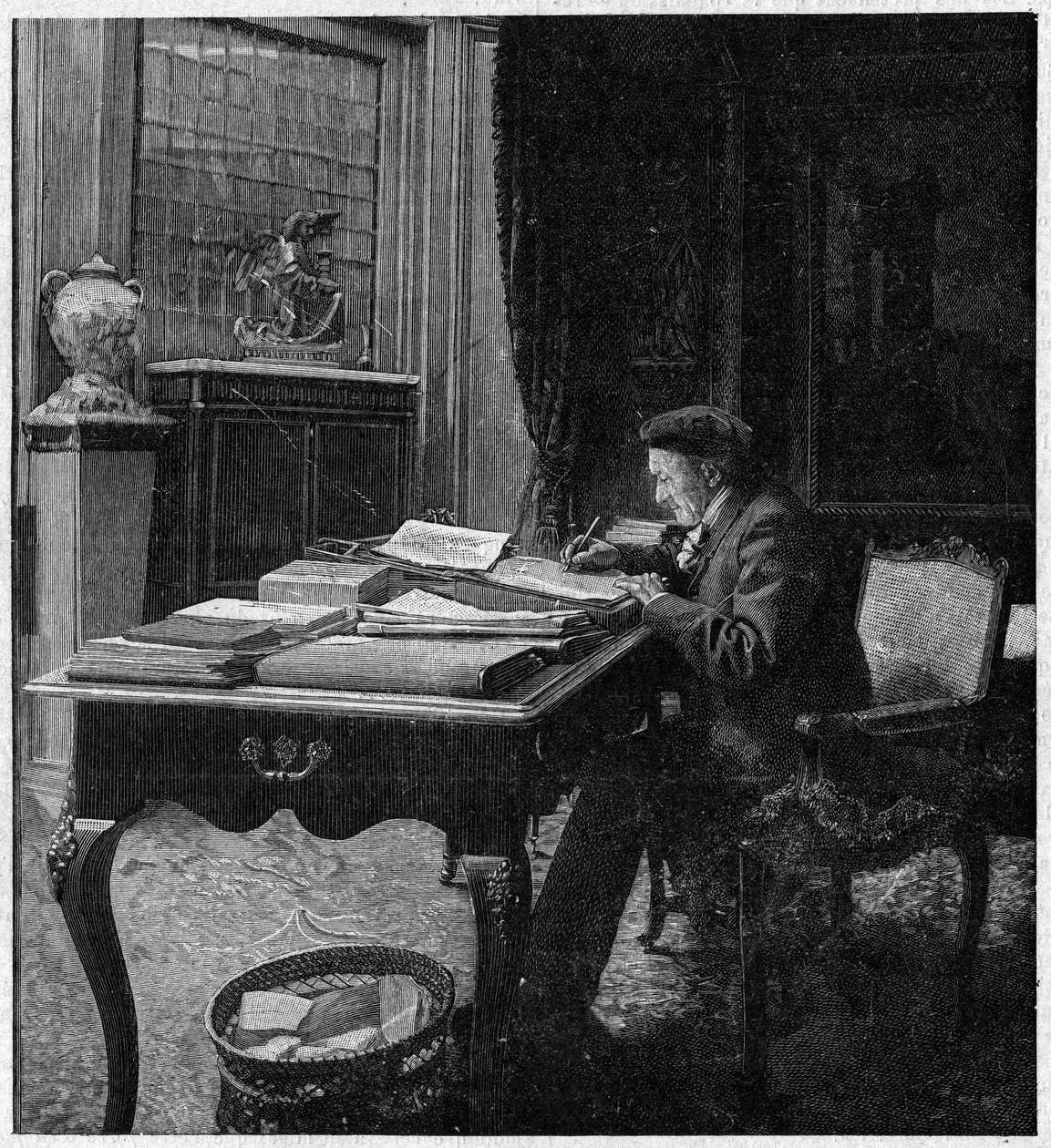Oyun yazarı Victorian Sardou (1831-1908) ofisinde. 2 Ocak tarihli “La gazette du dimanche” deki gravür by French School
